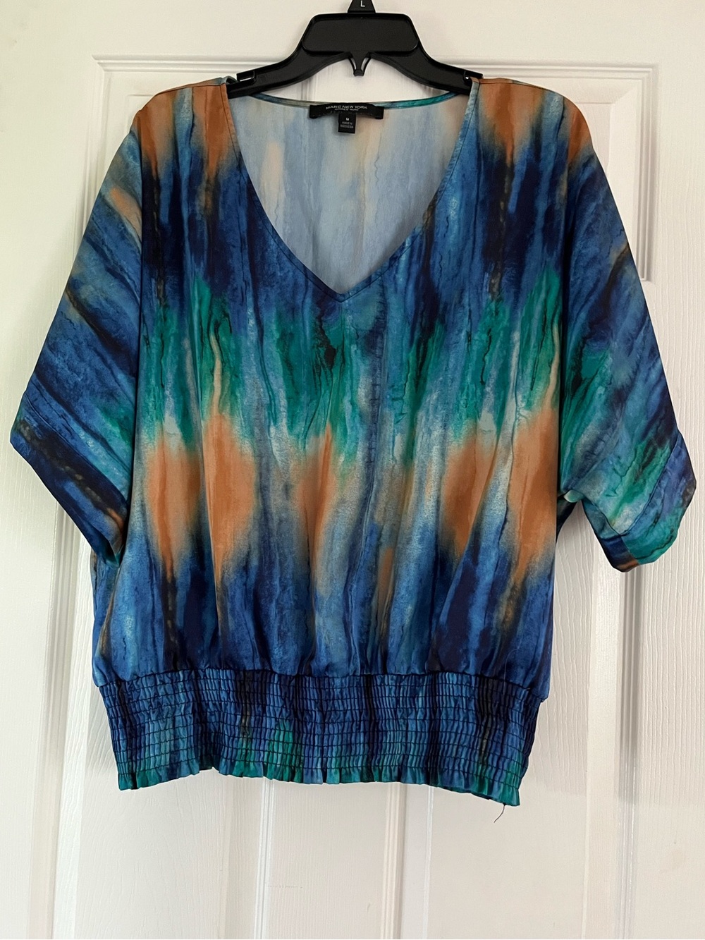 V-Neck Watercolor Blouse in Blue, Teal & Brown - Relaxed Fit